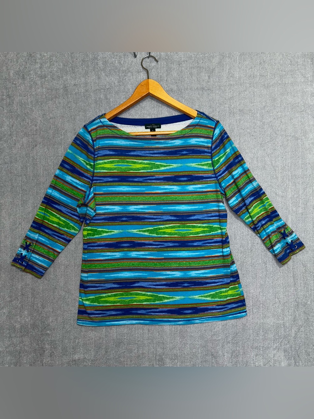 Lauren Ralph Lauren Jeans Women’s Blouse XL Striped Boat Neck Green Blue